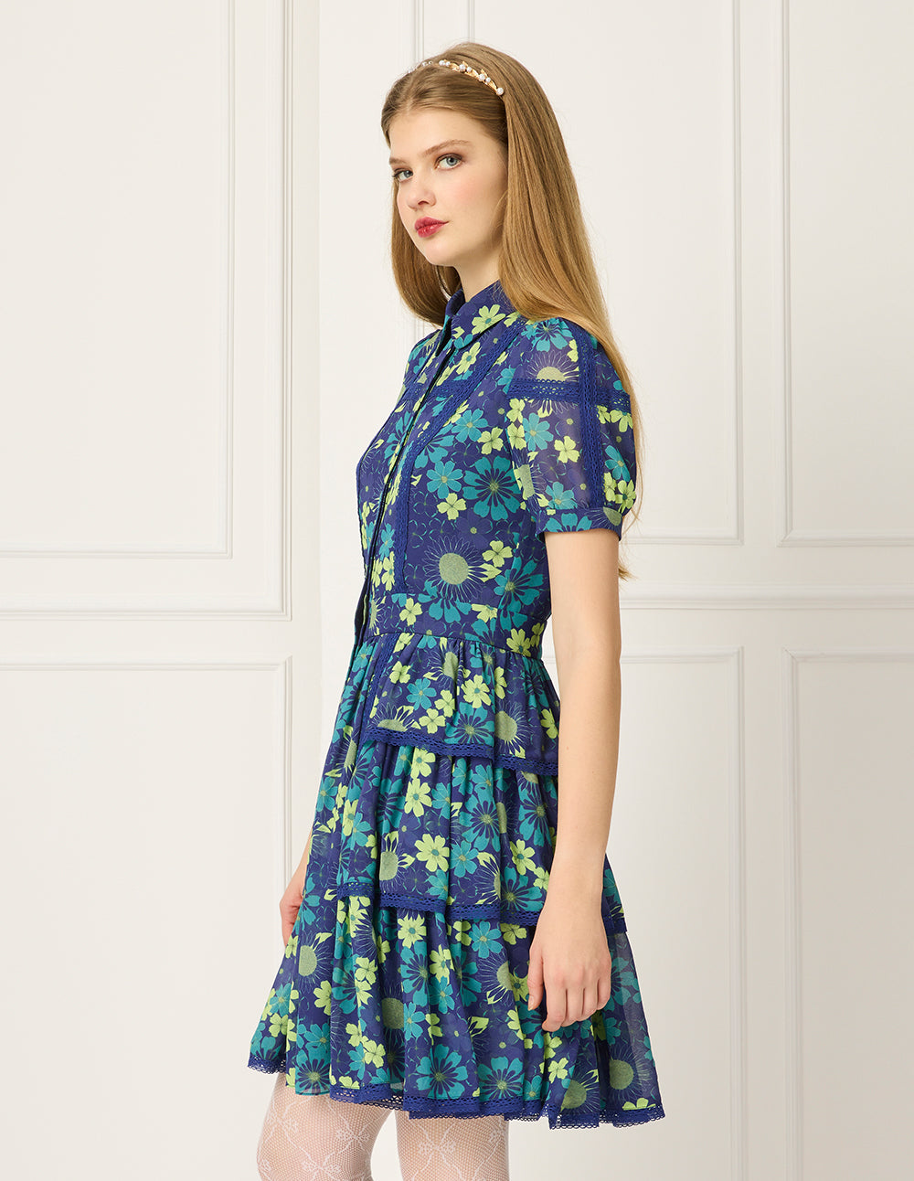 BORA AKSU Lapel Puff Short-Sleeve Floral Print Lace-Trim Pleated Midi Dress