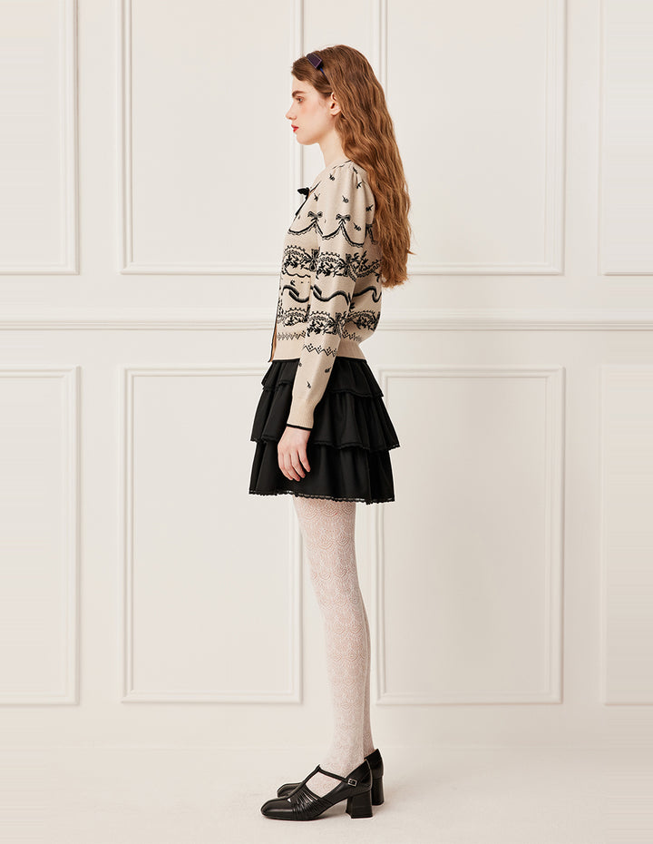 BORA AKSU Bow Tie Lapel Black Floral Pattern Long Sleeve Wool Cardigan