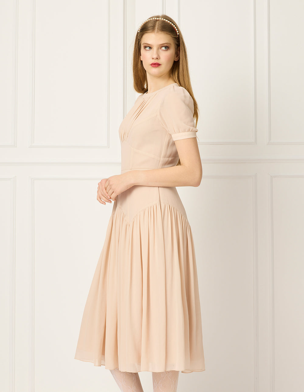 BORA AKSU Round-Neck Puff Short-Sleeve Pin-Tuck Empire-Waist Pleated Tulle Midi Dress