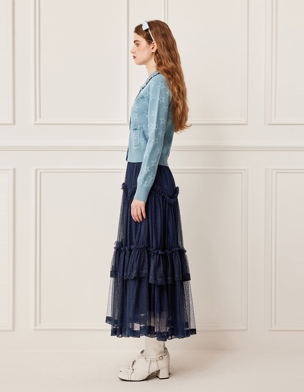 BORA AKSU Ruffled Peter Pan Collar Star Pattern Jacquard Long Sleeve Knit Cardigan