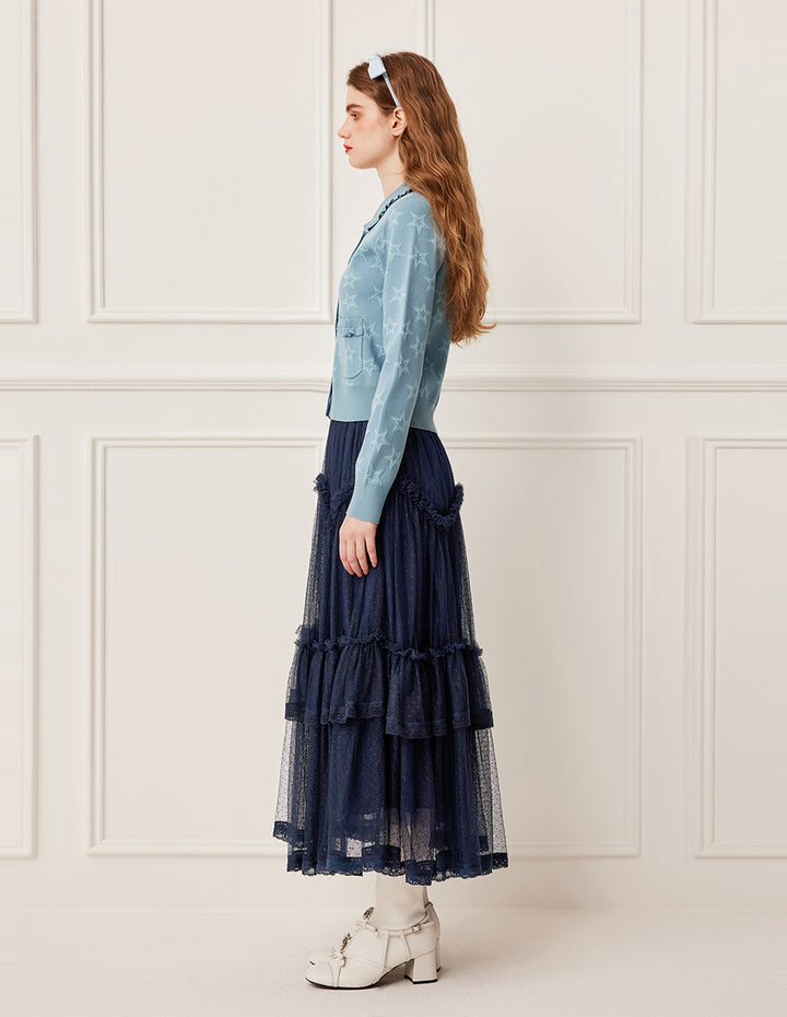 BORA AKSU Ruffled Peter Pan Collar Star Pattern Jacquard Long Sleeve Knit Cardigan