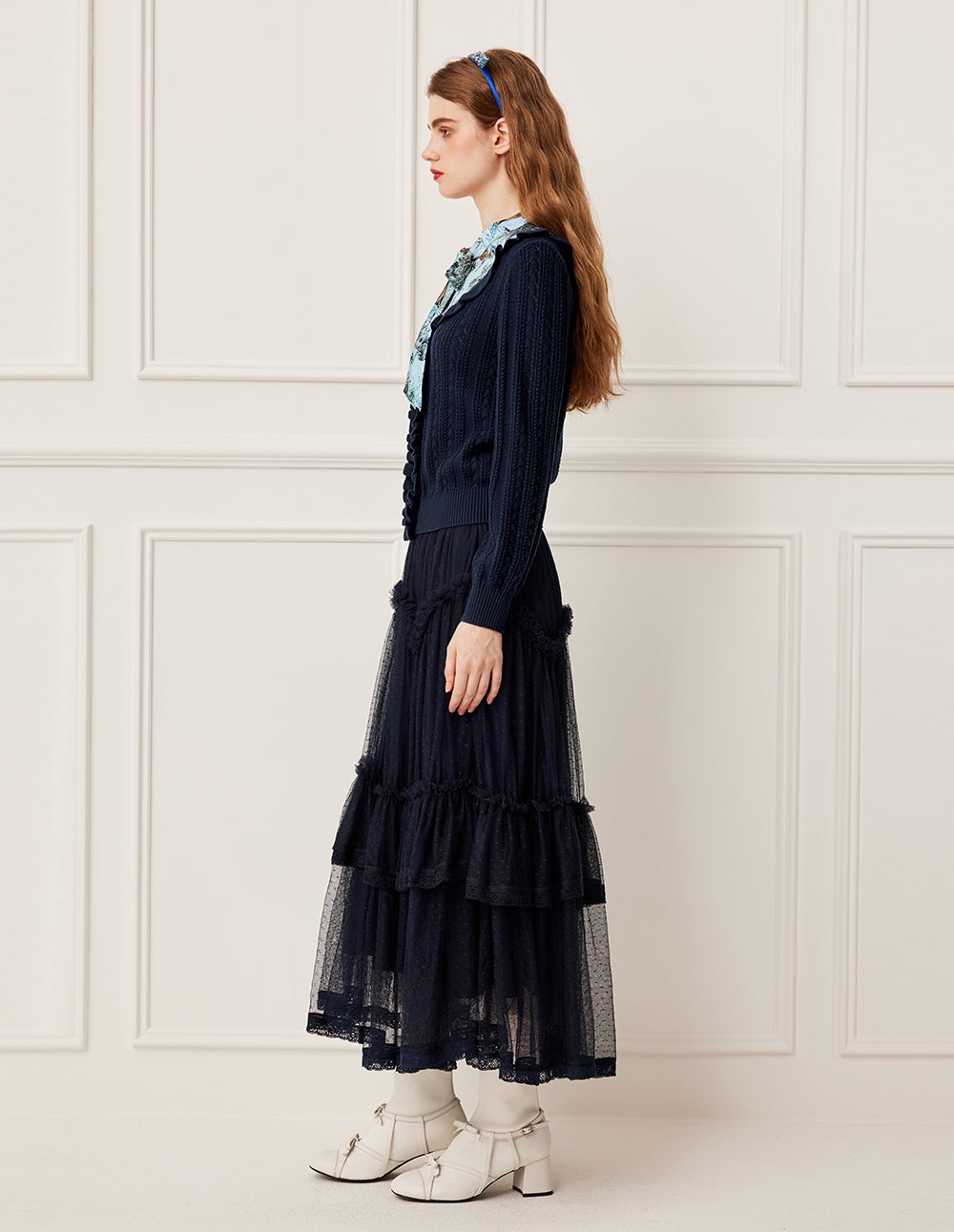 BORA AKSU Ruffled Trim Knit Top Patchwork Print Sash Tie Knitted Pullover