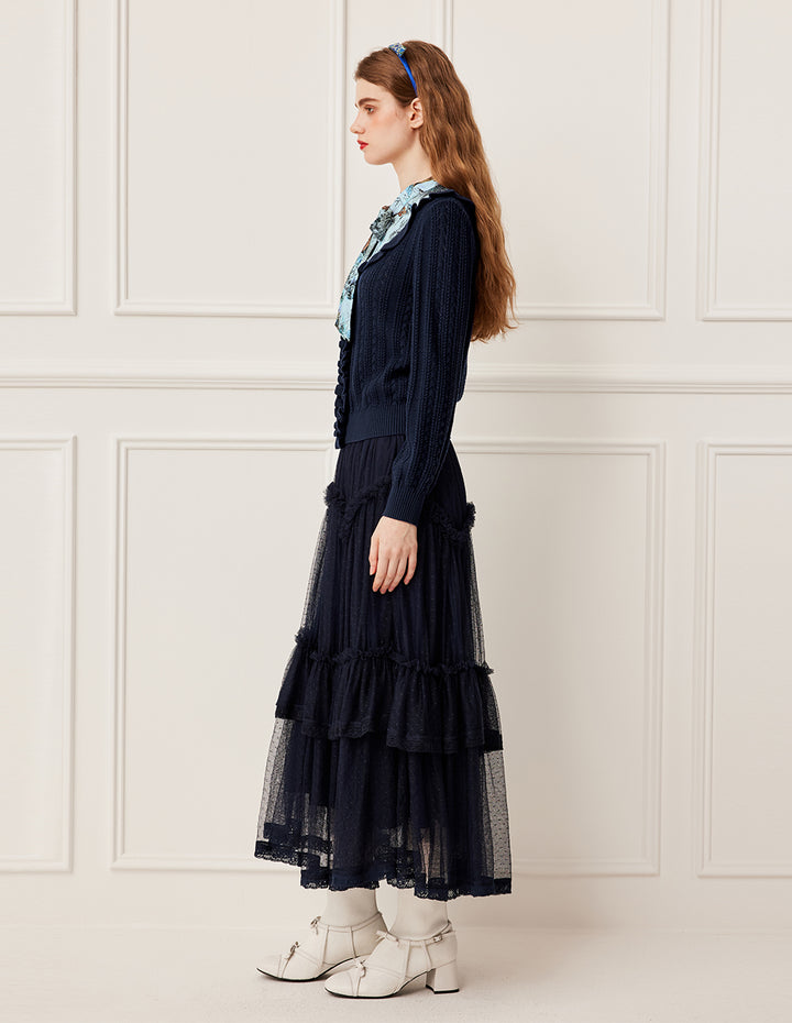 BORA AKSU Ruffled Trim Knit Top Patchwork Print Sash Tie Knitted Pullover