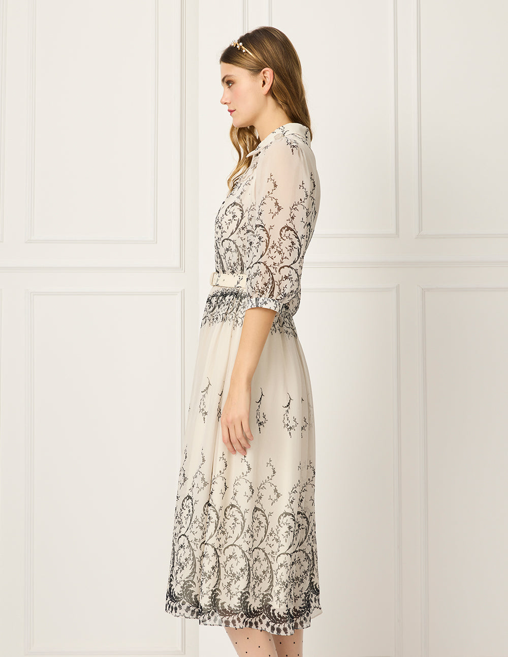 BORA AKSU Collared Puff Half Sleeve Curly Grass Print Ruffle-Trim Midi Dress