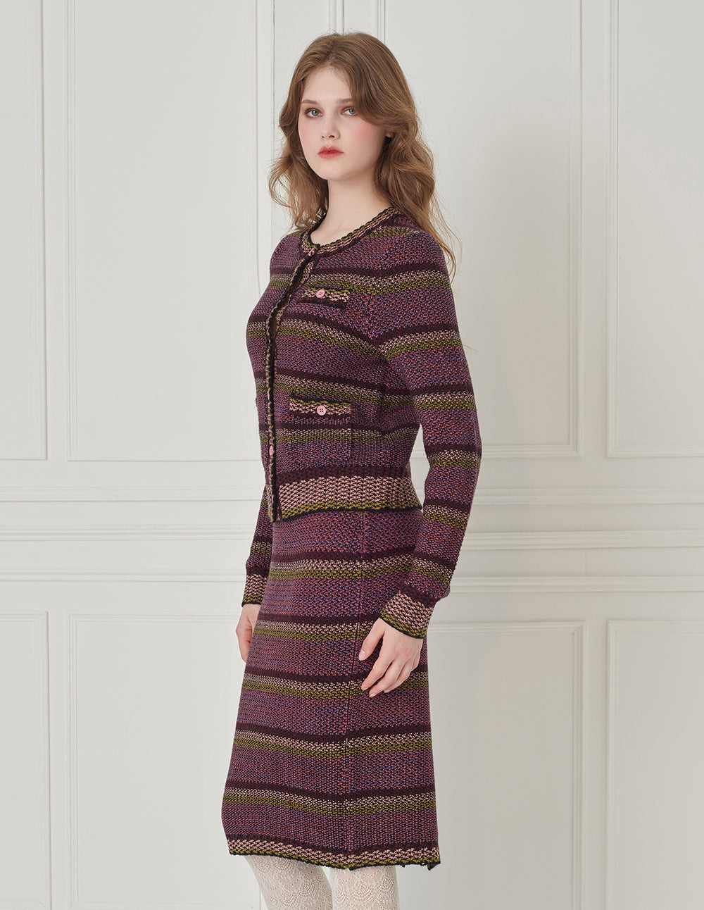 BORA AKSU Tweed  Stripe Wool Knee-Straight Pencil Skirt