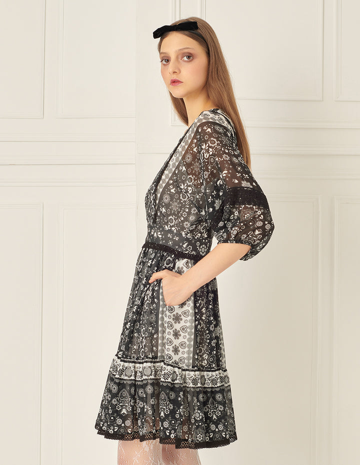 BORA AKSU Retro Square Neck Bat Sleeve Printed Dress