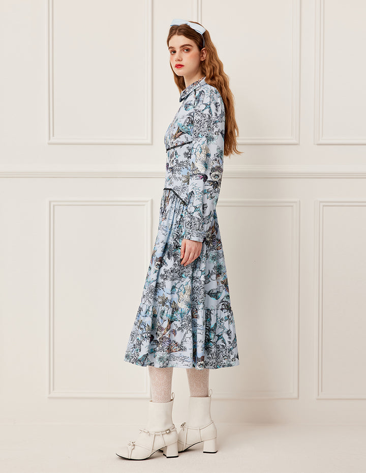 BORA AKSU Collared Hand-Painted Floral Print High-Waist Maxi Shirt Dress