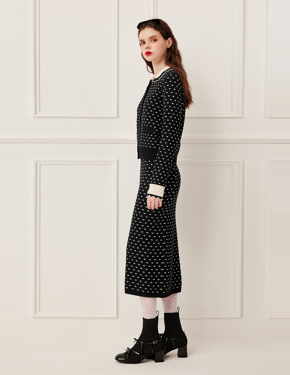 BORA AKSU High-Waist Straight-Cut White Polka Dot Wool Knit Skirt