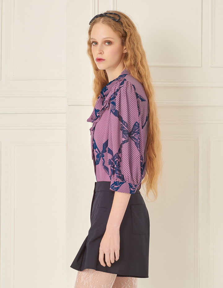 BORA AKSU French Puff Sleeve Ruddles Bow Printed Blouse