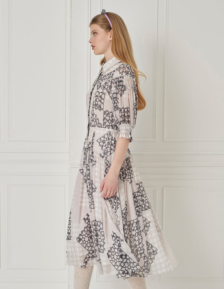 BORA AKSU French Shirt-Style Puff-Sleeve Pleated Printed Dress