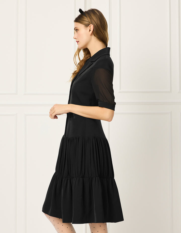 BORA AKSU Notch Lapel Single-Breasted See-Through Short Sleeve Pleated Midi Dress