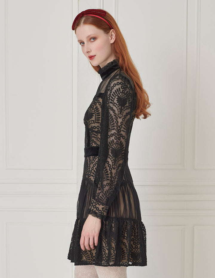 BORA AKSU Retro Lace Stand-Collar Long-Sleeve Mesh Velvet Splicing Knee-Length Dress