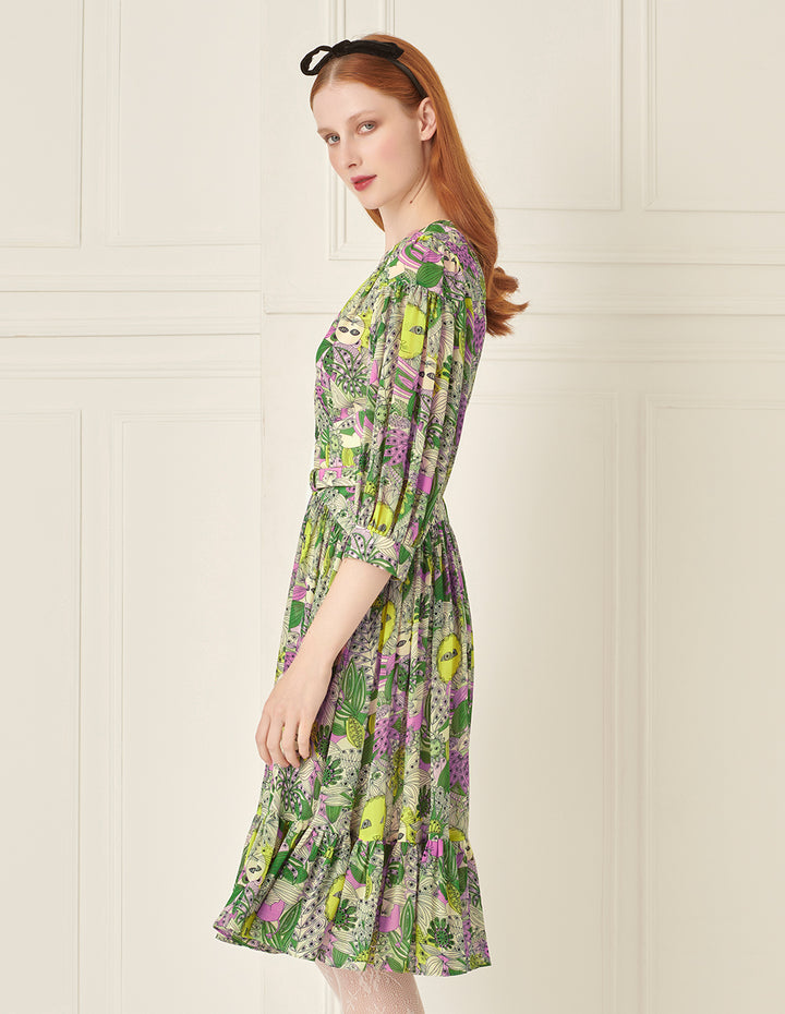 BORA AKSU Puff Sleeve V-Neck Printed Dress
