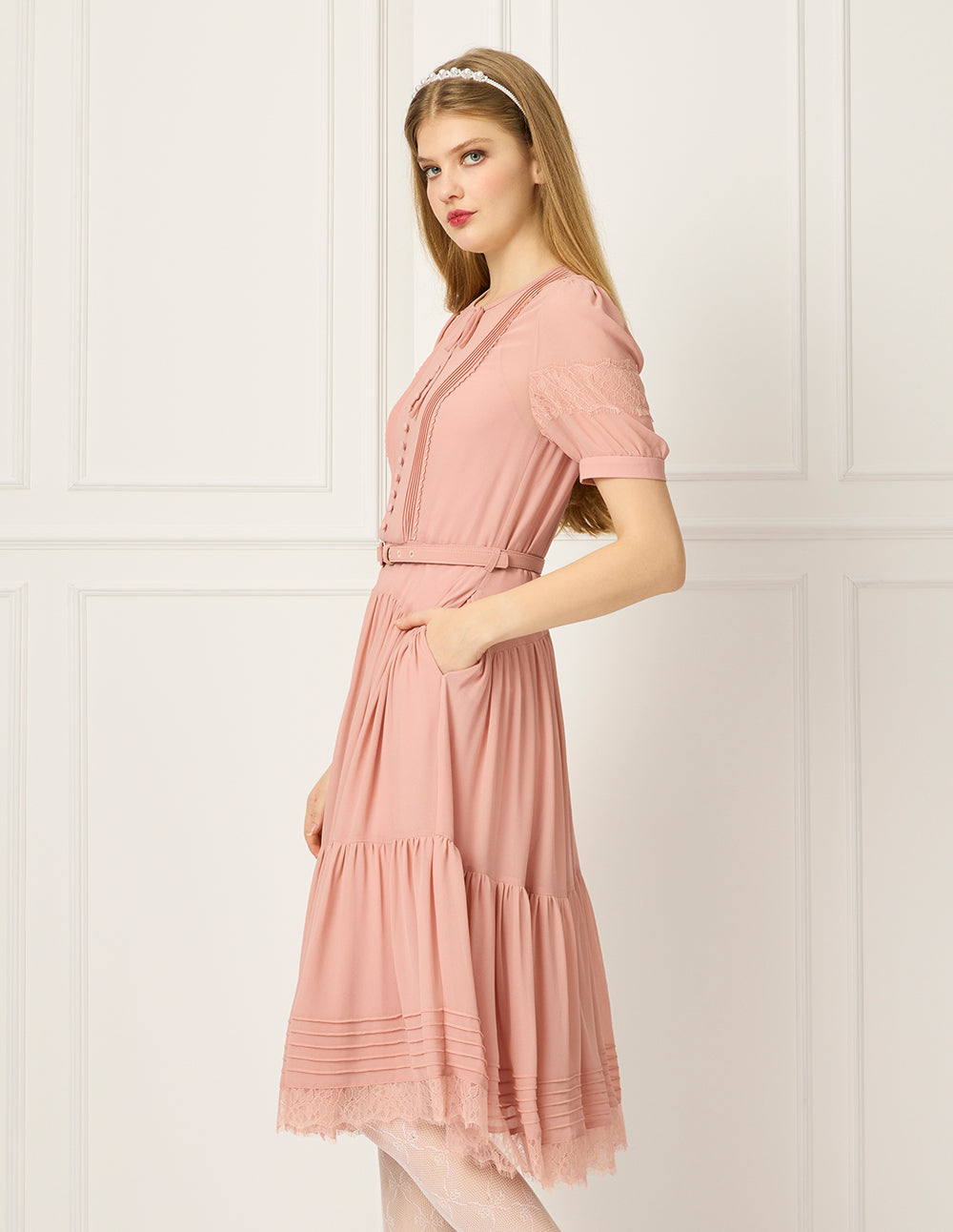 BORA AKSU Round Neck Pin Tuck Tulle Puff Short Sleeve A-Line Flounce Midi Dress