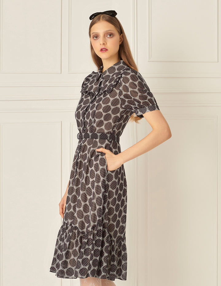 BORA AKSU Puff Sleeve Lapel Polka Dot Print Pleated Dress