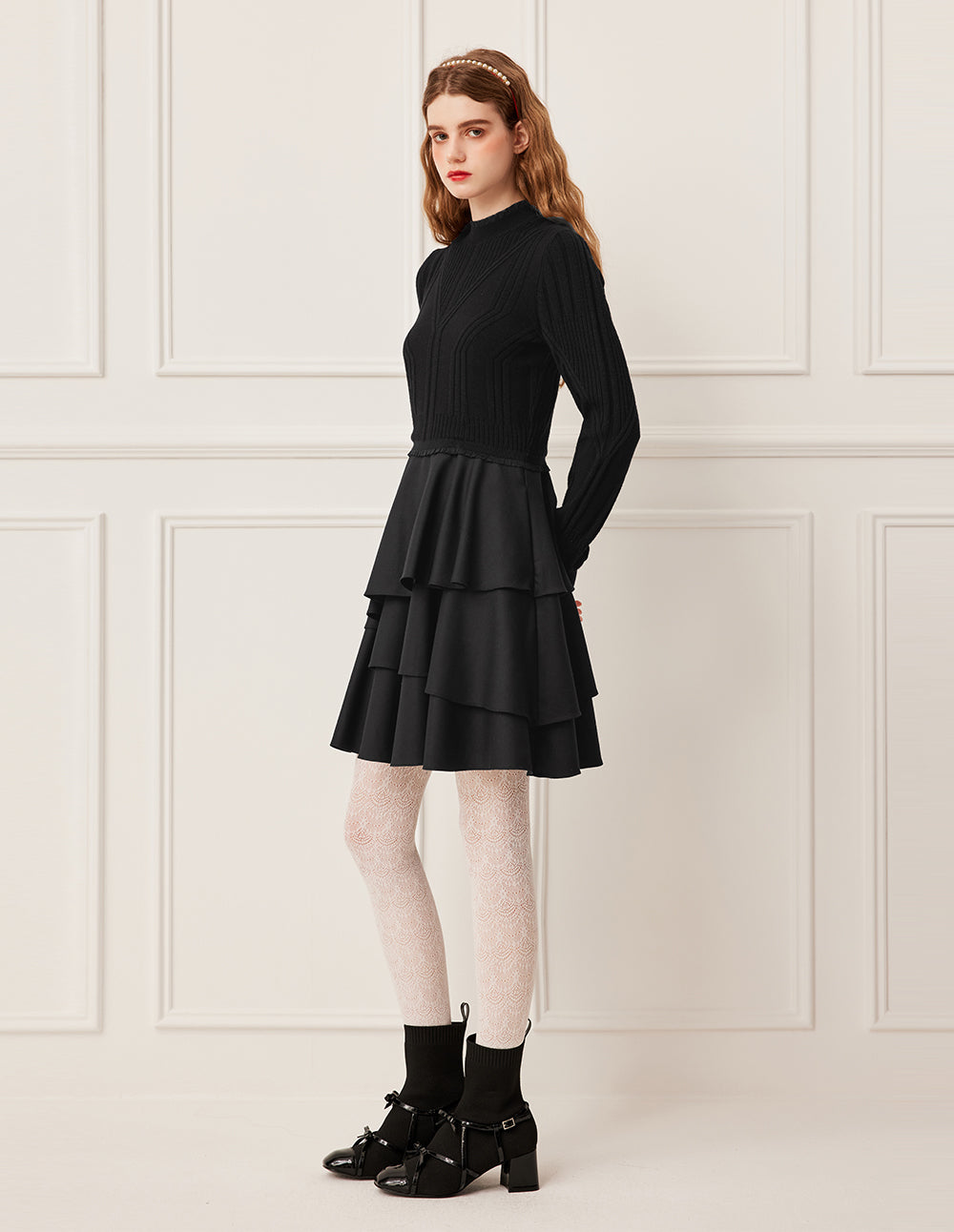 BORA AKSU Mock Neck Knit Top with Layered Ruffle Skirt Dress