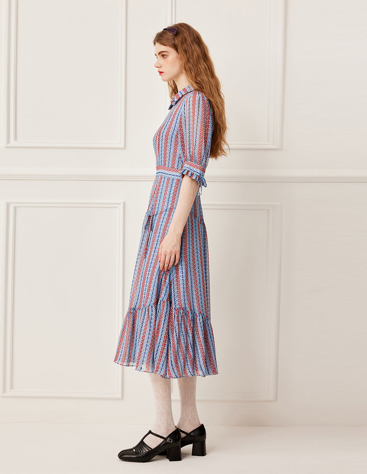 BORA AKSU Ruffled Peter Pan Collar Blue Red Stripe Raindrop Print Pleated Midi Dress