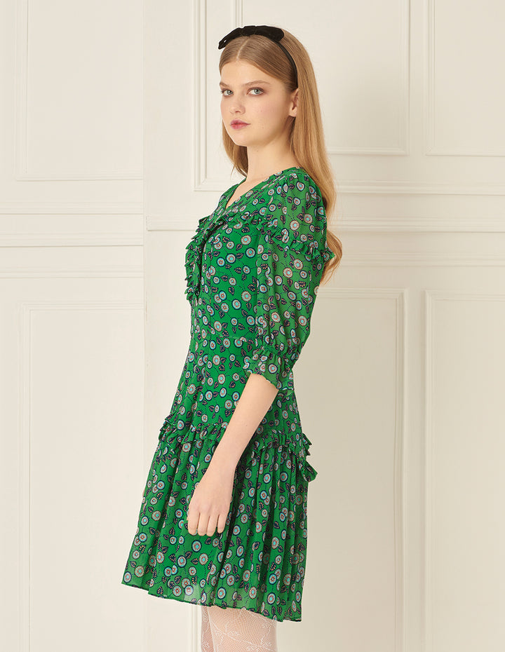 BORA AKSU French V-Neck Pleated Puff Sleeve Printed Dress