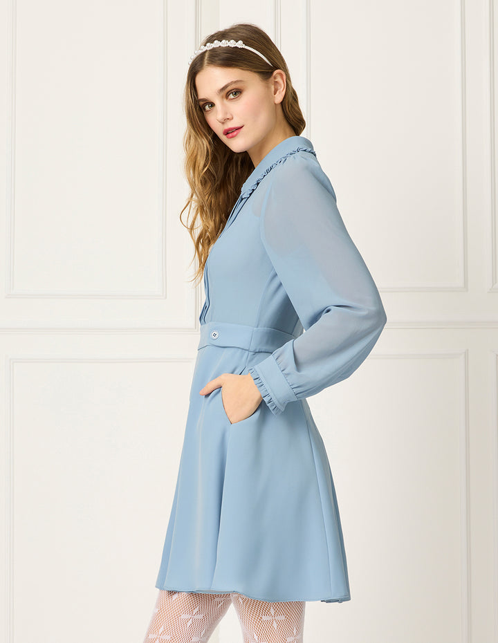BORA AKSU Peter Pan Tuxedo Collar Puff Long Sleeve Ruffle Pleated Midi Dress