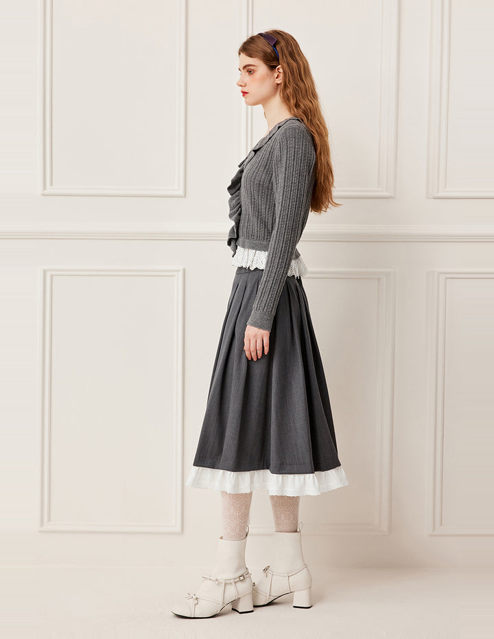 BORA AKSU V-Neck Ruffle Detail Knit Pullover Sweater