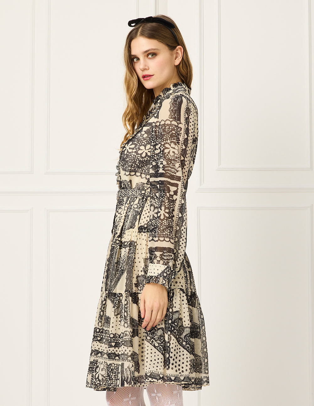 BORA AKSU Bubble Sleeve Mandarin Collar Printed Pleated Midi Dress