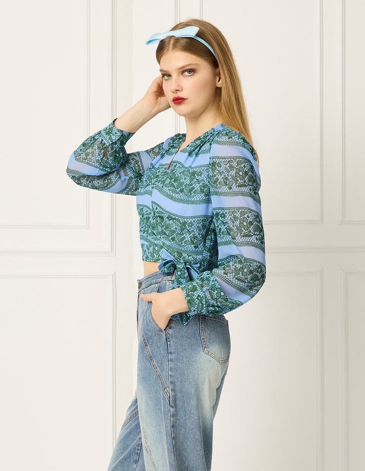 BORA AKSU V-Neck Puff Long-Sleeve Floral & Striped Printed Wrap Top