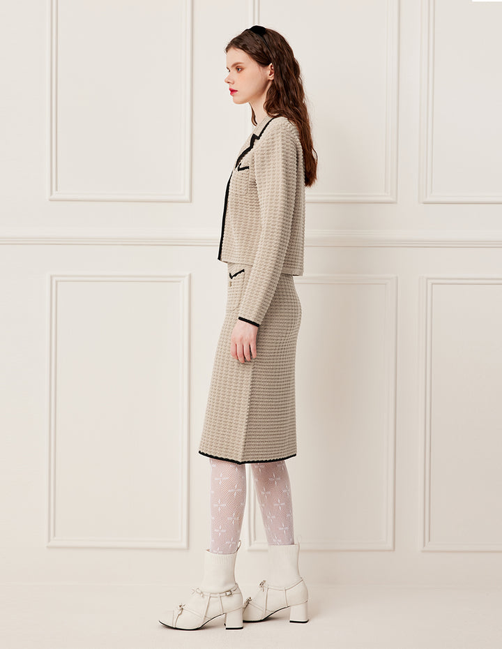 BORA AKSU Notched Collar Camel Black Trim Short 100% Wool Jacquard Knit Cardigan