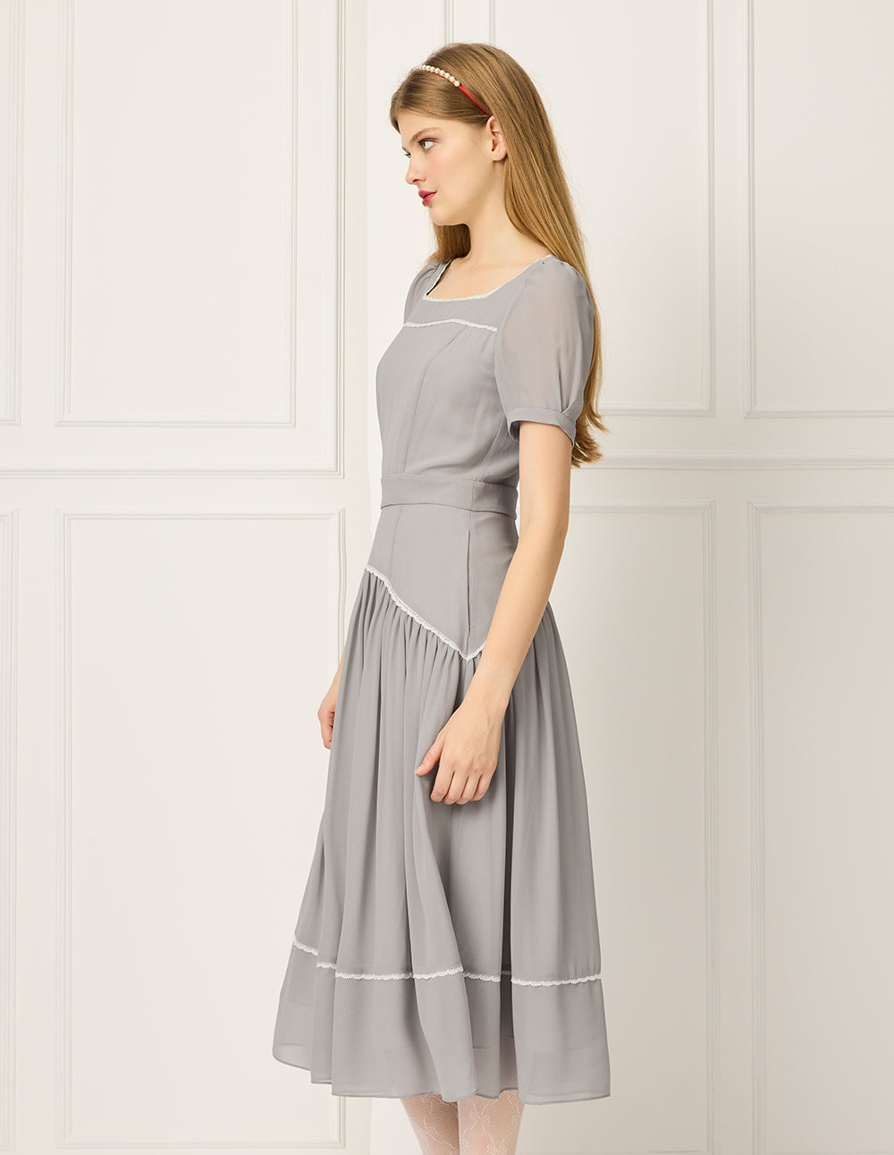 BORA AKSU Diamond-Neck Puff Short Sleeve Empire-Waist Lace-Trim Pleated Dress