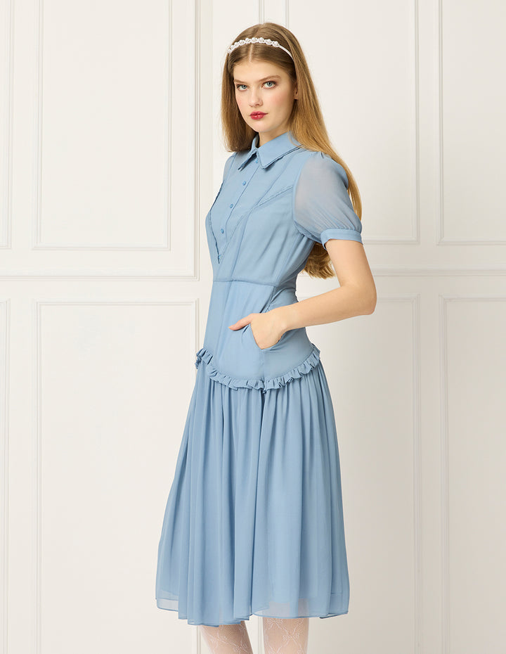 BORA AKSU Collared Puff Short Sleeve Ruffled-Trim Pleated Midi Dress