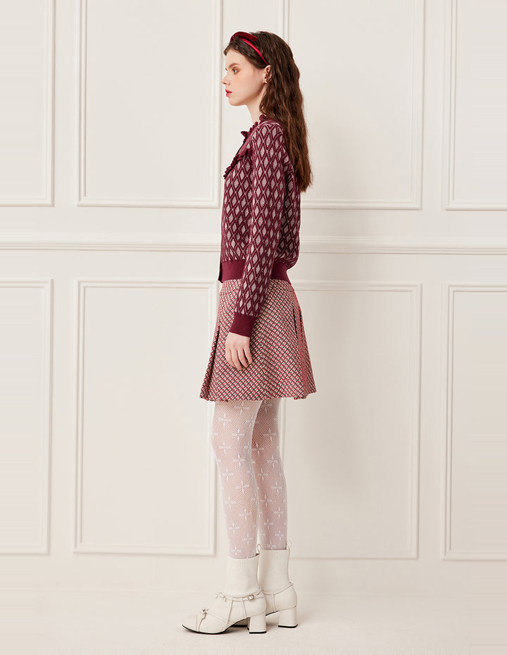 BORA AKSU Ruffled Turtleneck Diamond Pattern Wool Knit Cardigan