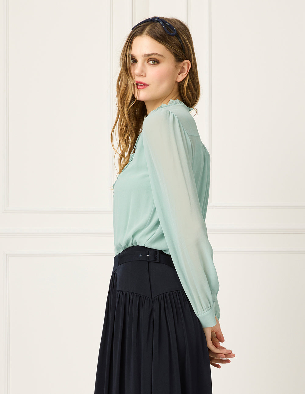 BORA AKSU Round Ruffle Tuxedo Collar Puff Long Sleeve Silk Blend Blouse