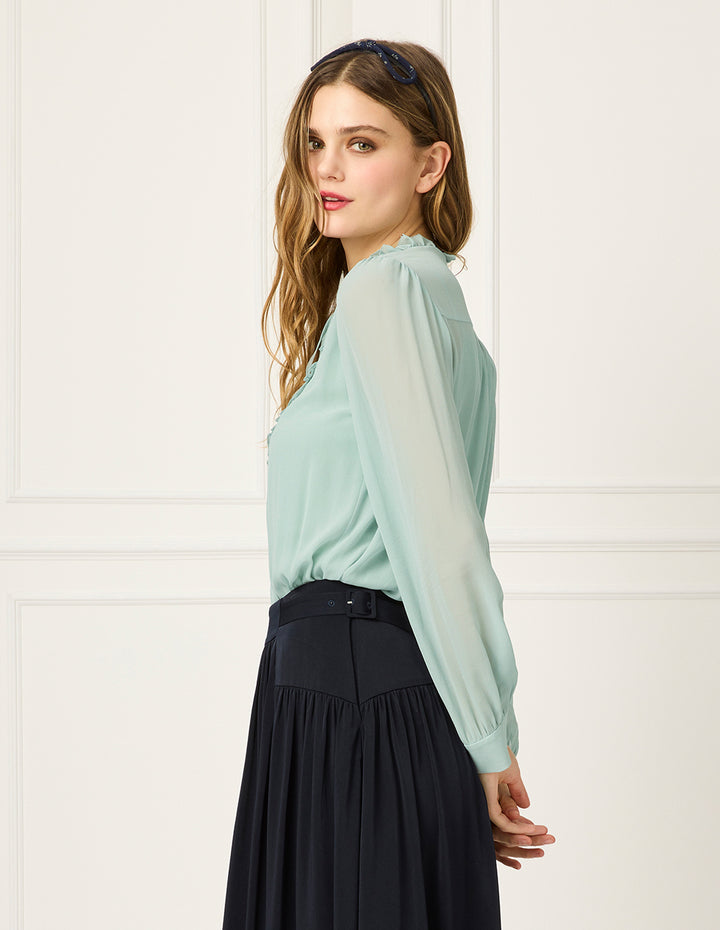 BORA AKSU Round Ruffle Tuxedo Collar Puff Long Sleeve Silk Blend Blouse