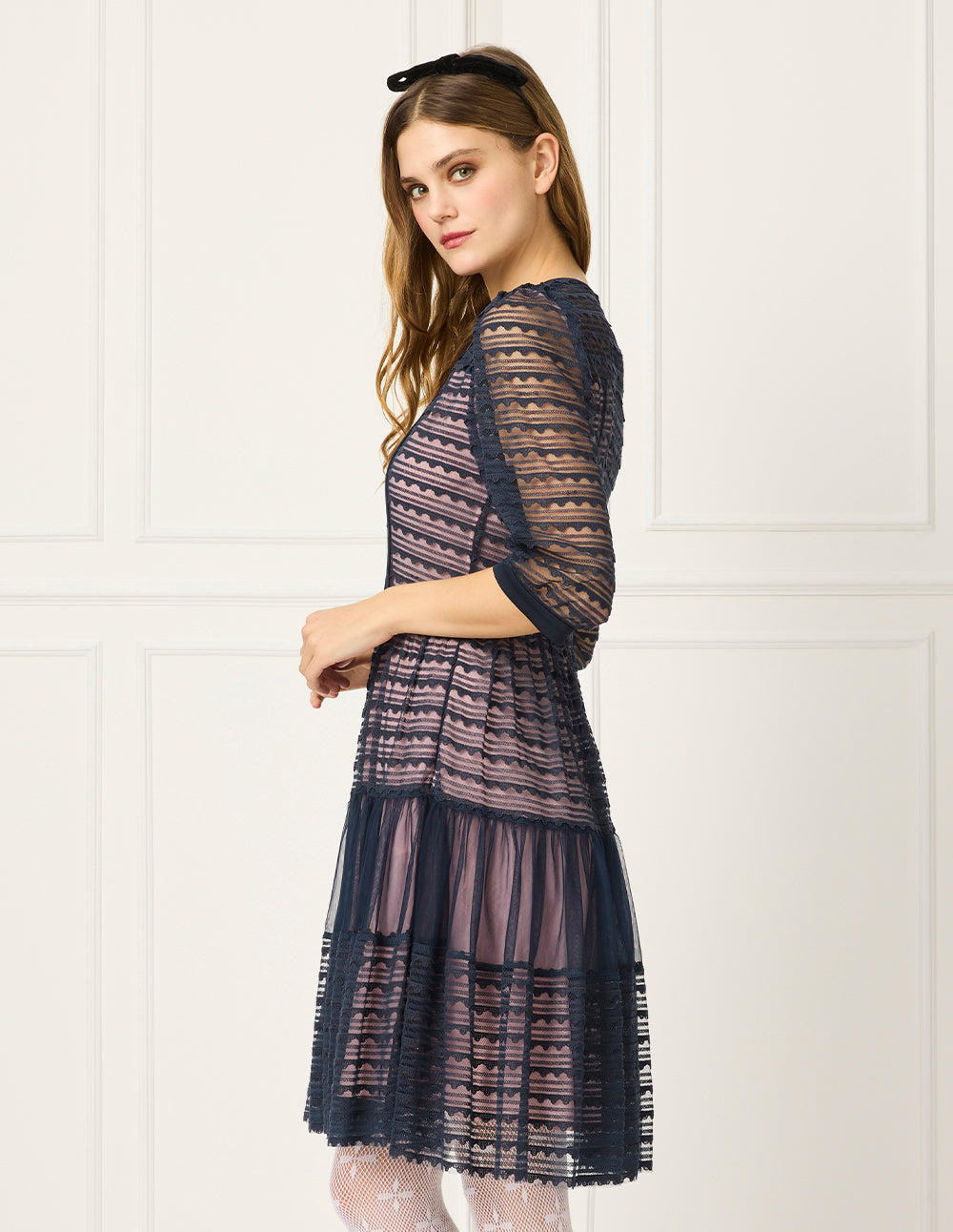 BORA AKSU Round-Neck Lace Trim Bubble Sleeve Pleated Midi Dress