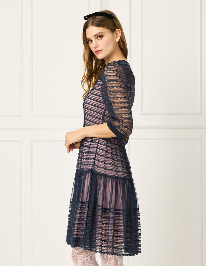 BORA AKSU Round-Neck Lace Trim Bubble Sleeve Pleated Midi Dress