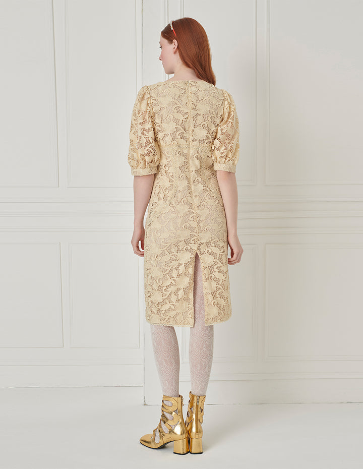 BORA AKSU Beige Fitted Lace Dress With Diamond Square Neck Puff Sleeves