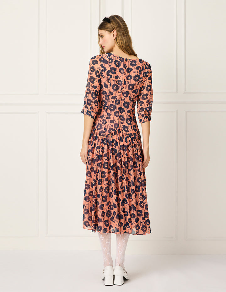 BORA AKSU Diamond Collar Short Bubble Sleeve Empire Red Floral Printed Midi Dress