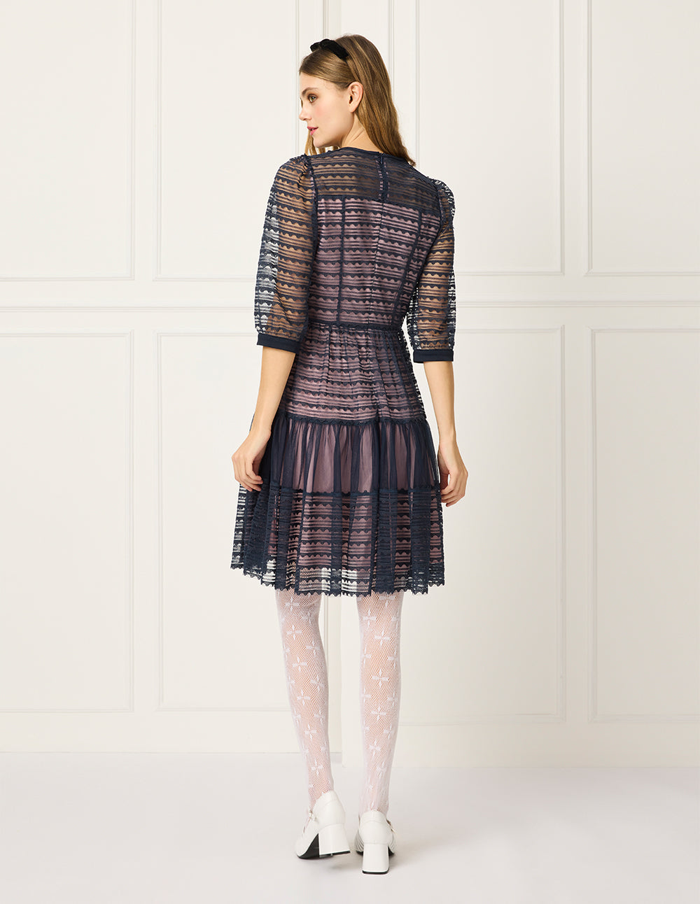 BORA AKSU Round-Neck Lace Trim Bubble Sleeve Pleated Midi Dress