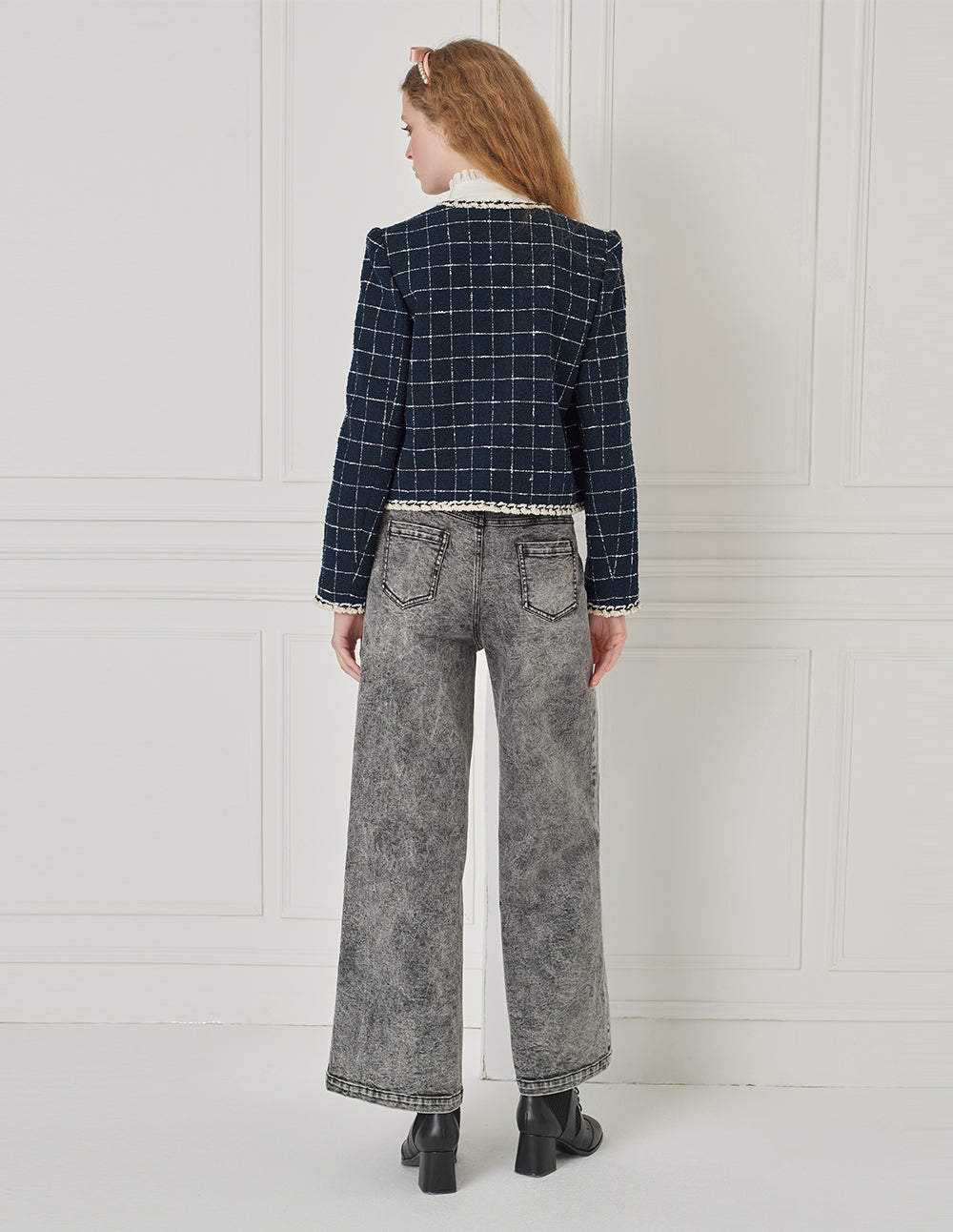 BORA AKSU Crew-Neck Long-Sleeve Stripe-Checkbox Trim Cropped Jacket