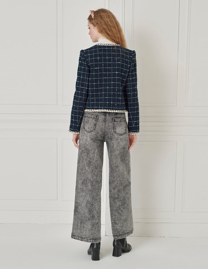 BORA AKSU Crew-Neck Long-Sleeve Stripe-Checkbox Trim Cropped Jacket