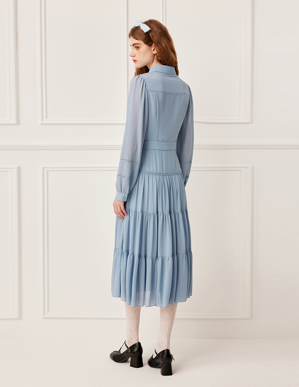 BORA AKSU Layered Ruffle-Trim Long Sleeve Pleated Midi Shirt Dress