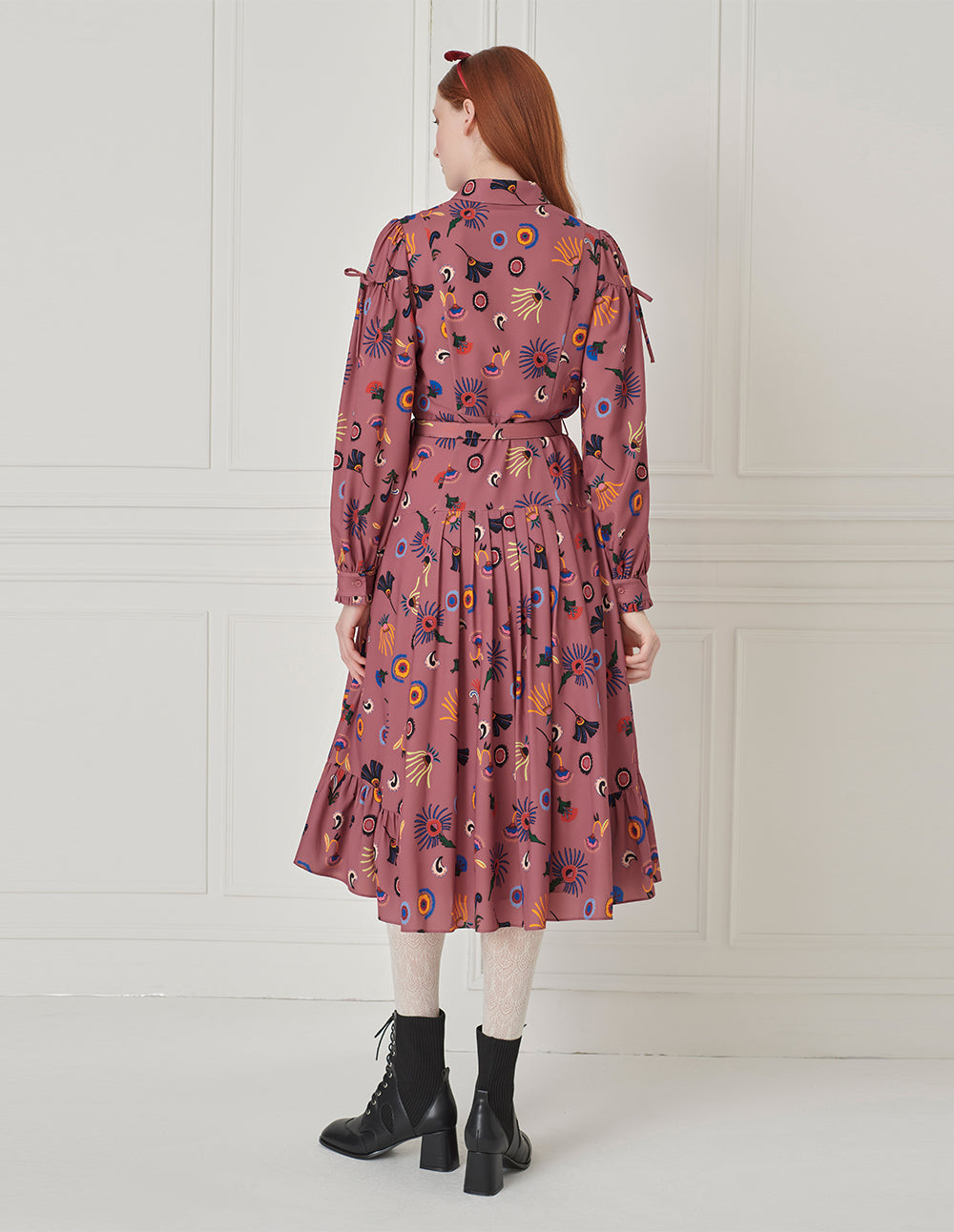 BORA AKSU Bow-Embellished Floral Ruffle Hem Pleated Shirt Dress
