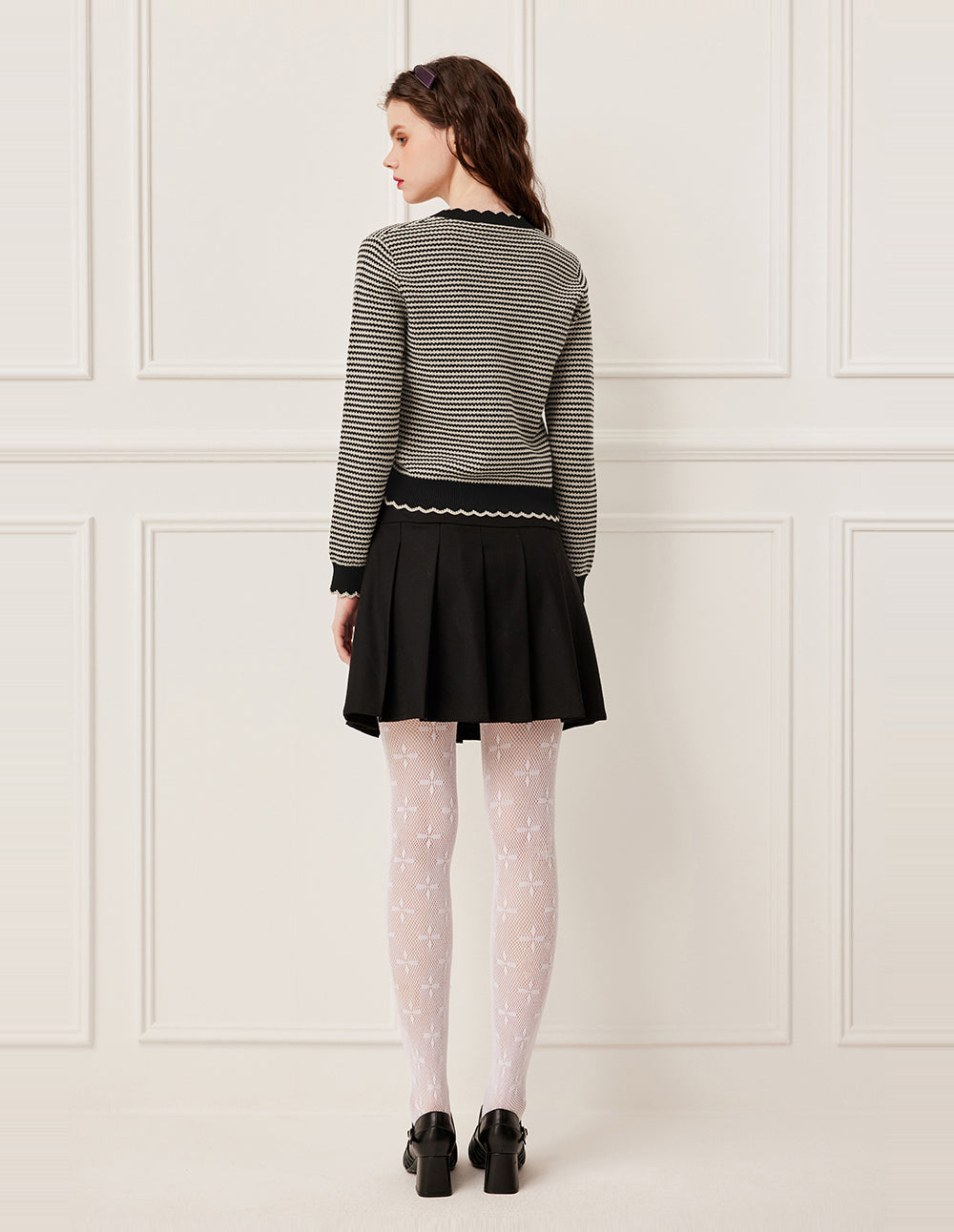 BORA AKSU V-Neck Ruffle Geometric Patterned Knit Cardigan