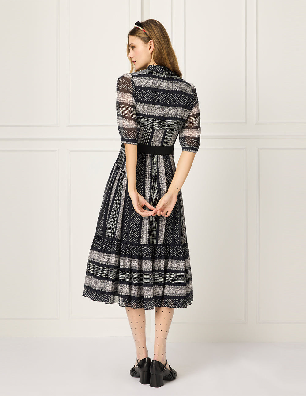 BORA AKSU Peter Pan Collar Puff Sleeve Short-Sleeve Lace Floral Print Pleated Dress