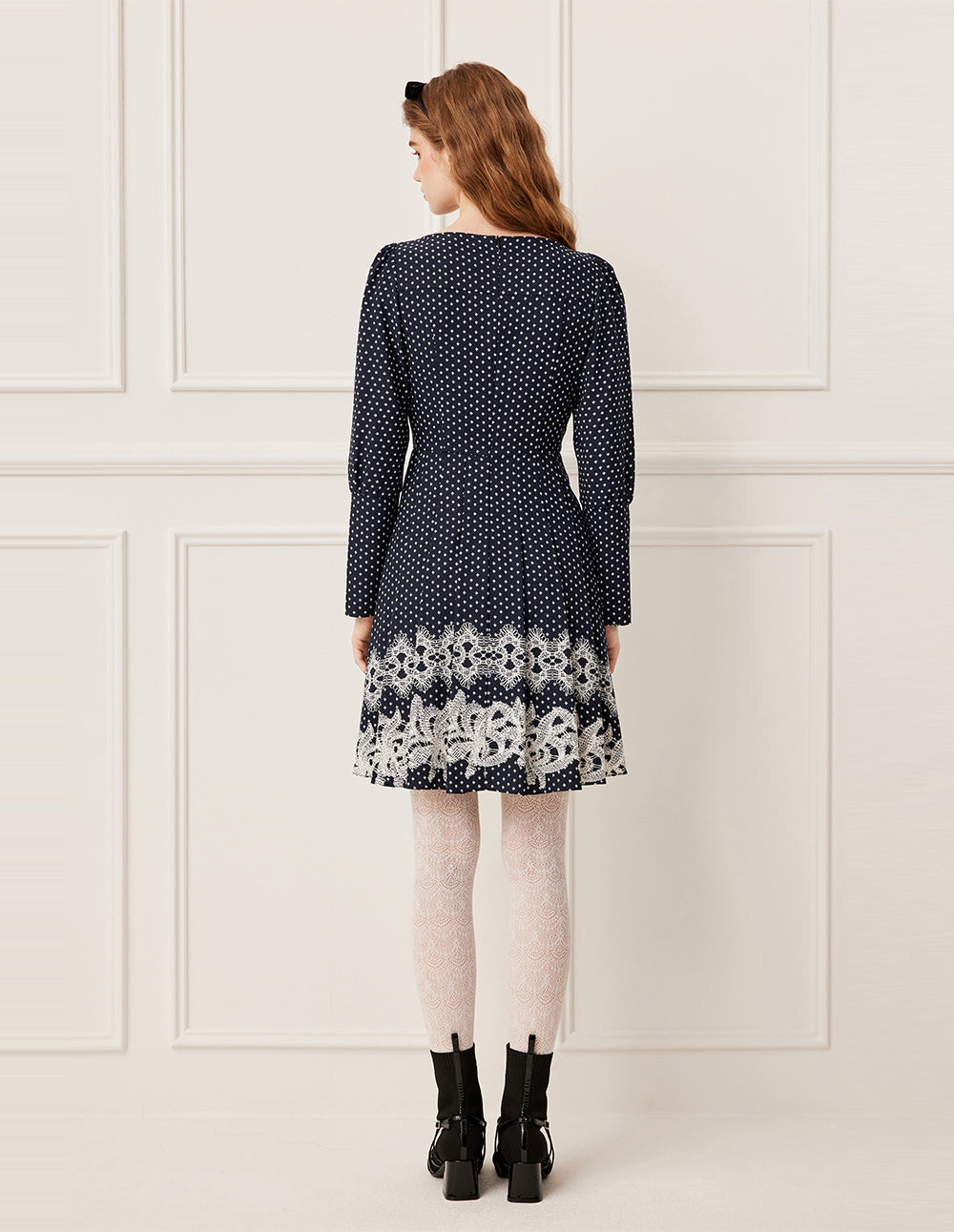 BORA AKSU Boat-Neckline Long Sleeve Lace Trim White Polka Dot Pleated Midi Dress