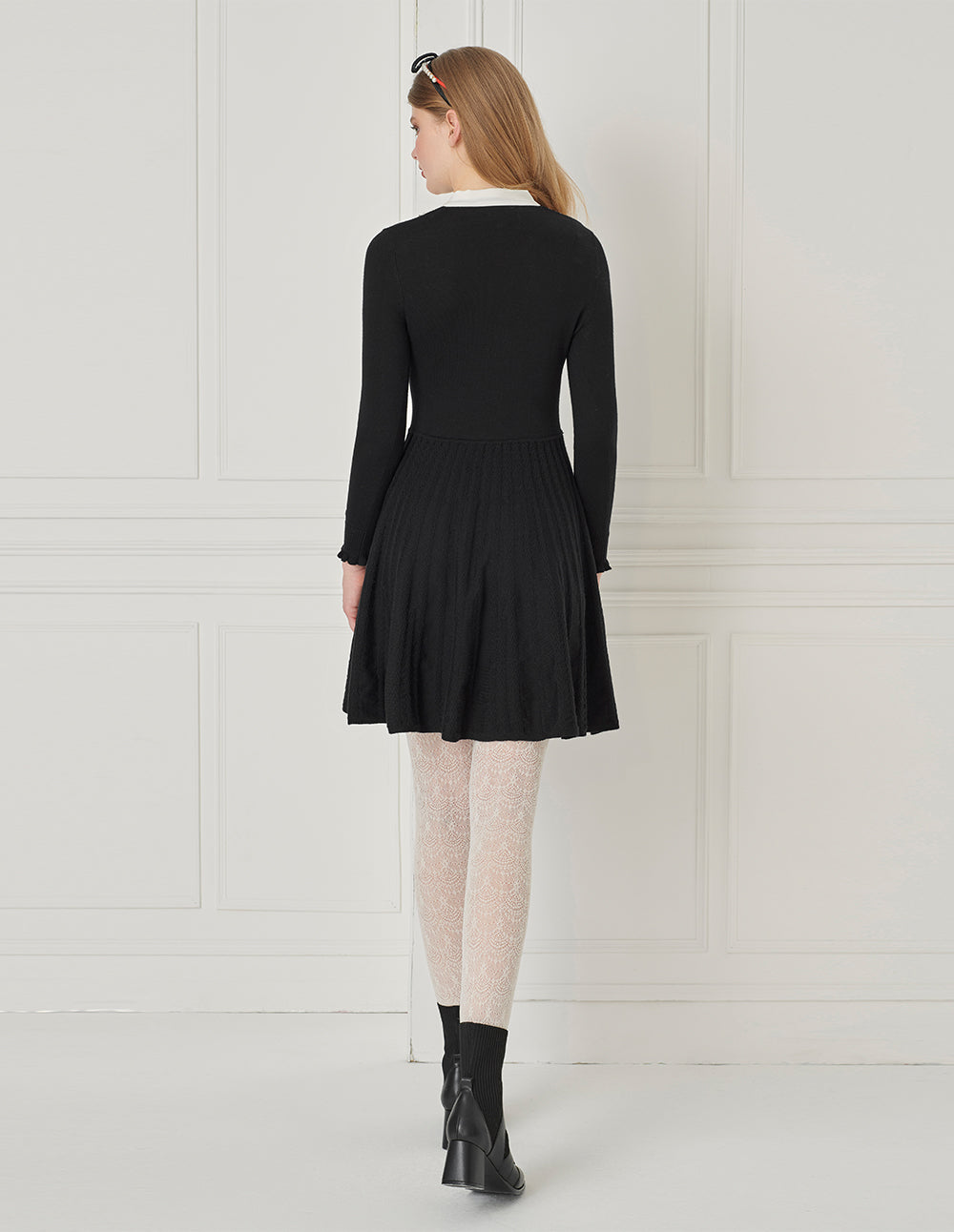 BORA AKSU Butterfly Knot Collar Black Long-Sleeve Knitted Dress