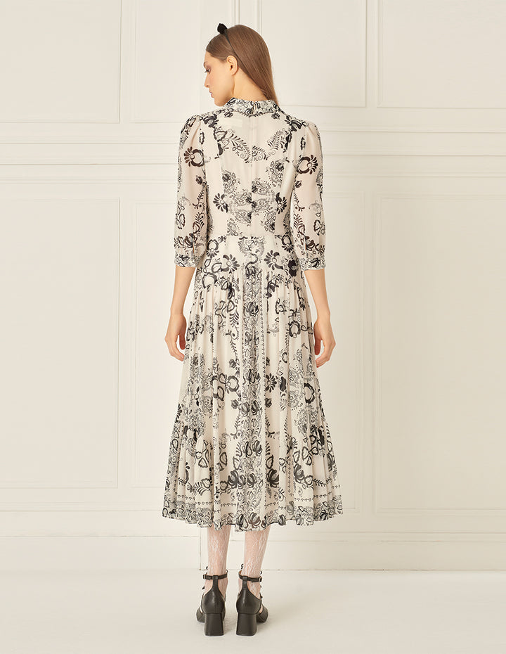 BORA AKSU Puff Sleeve Pleated Line Drawing Print Dress
