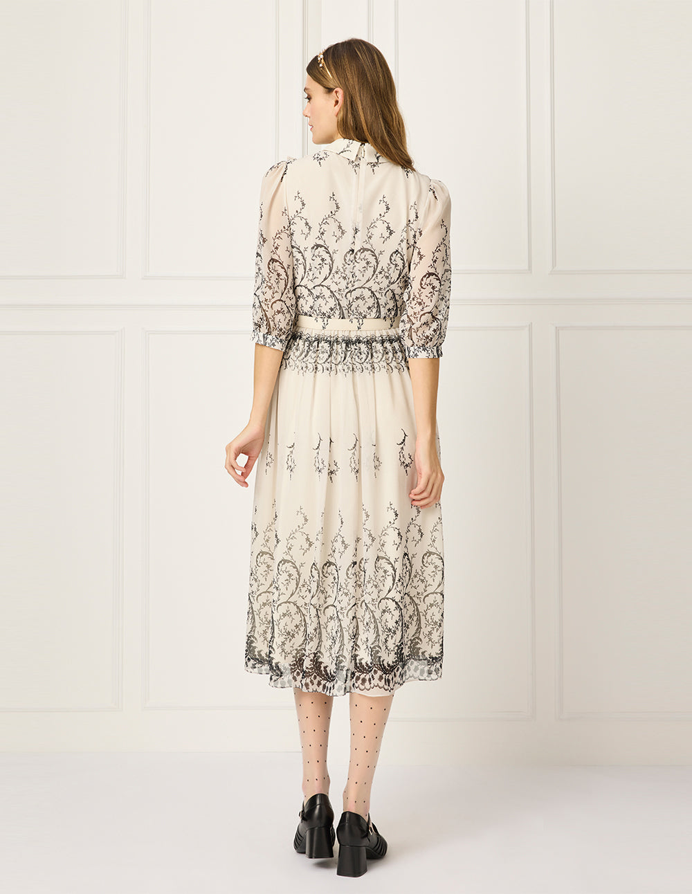 BORA AKSU Collared Puff Half Sleeve Curly Grass Print Ruffle-Trim Midi Dress