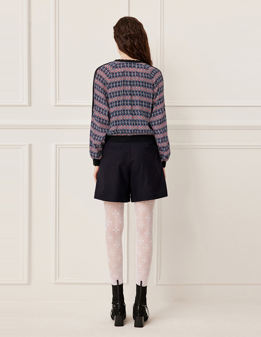 BORA AKSU Ruffled Round Neck Red White Geometric Print Knit Top