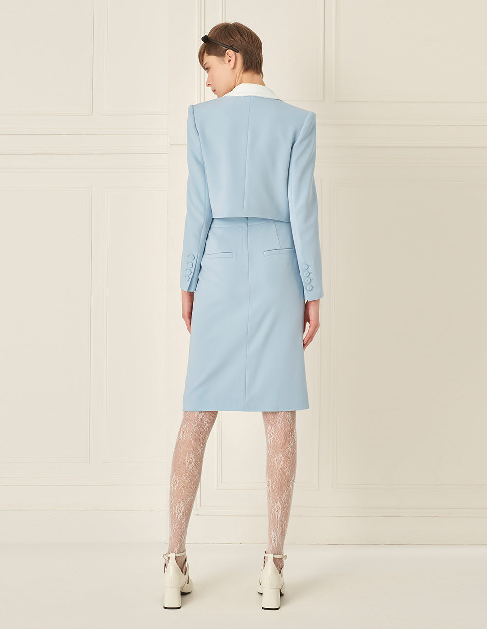 BORA AKSU Quiet Blues Lace Embellishments Notched Lapels Cropped Blazer