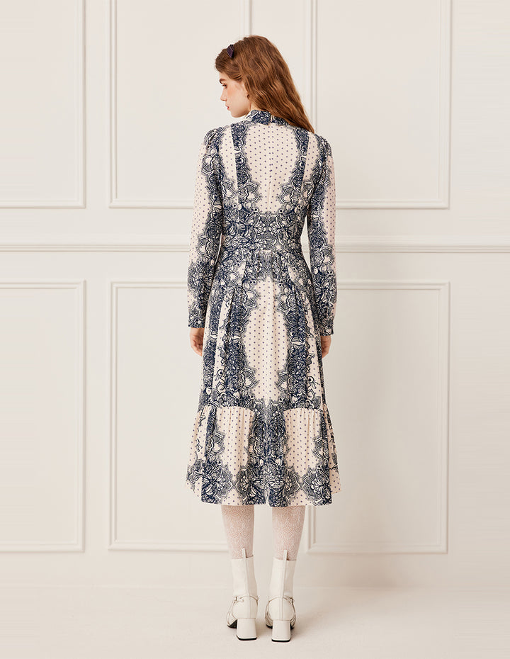 BORA AKSU Lapel Puff Long Sleeve Polka Dot Floral Lace Print Pleated Midi Dress